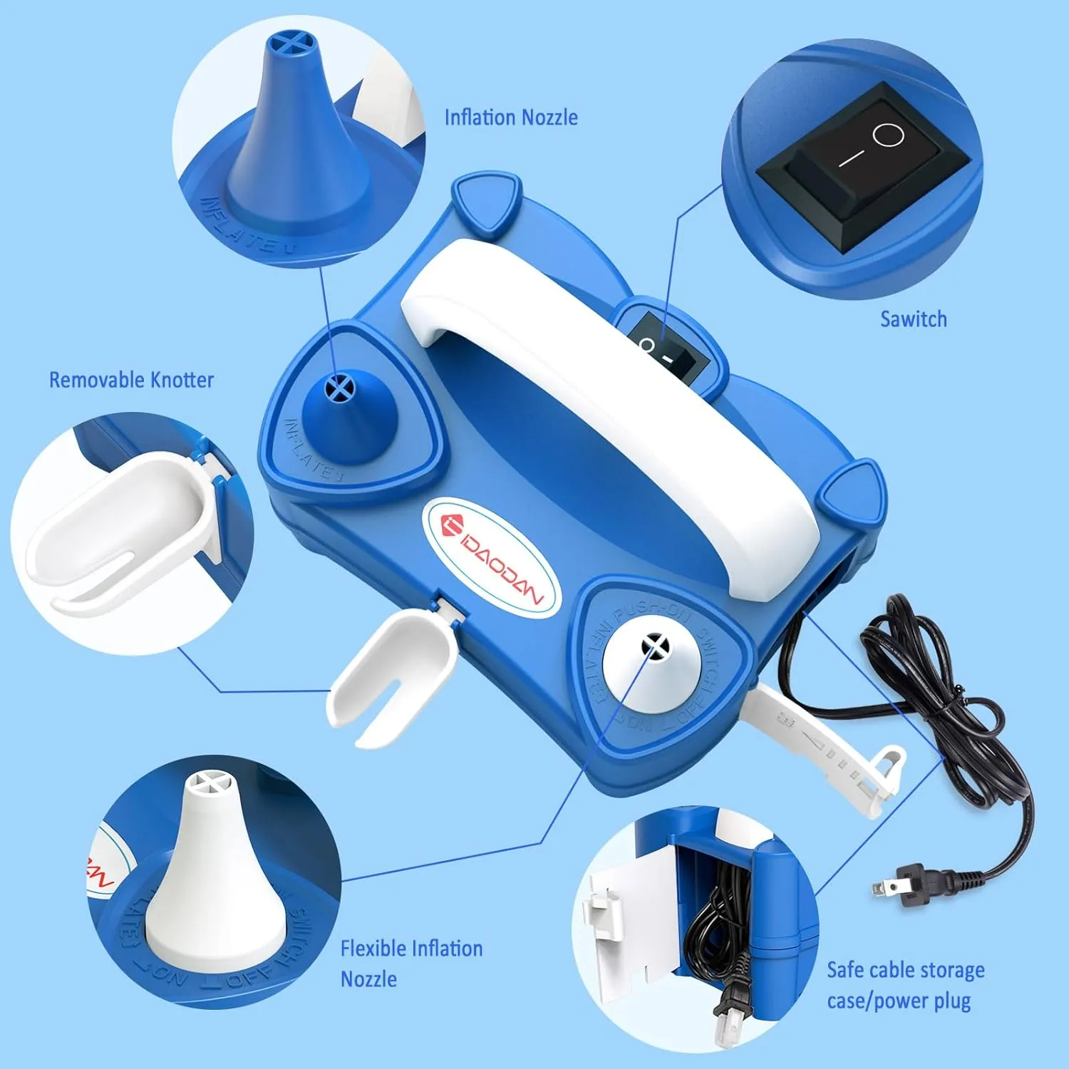 IDAODAN Electric Air Balloon Pump Portable Dual Nozzle 110V 600W Electric Balloon Blower Pump/Electric Balloon Inflator for Kids Party Decoration
