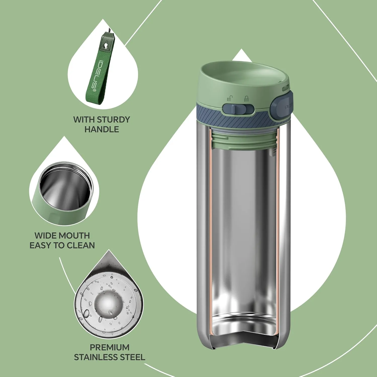 IDEUS Insulated Stainless Steel Water Bottle 17 oz Push Button Lid & Leakproof Travel Mug for Hot/Cold Beverages Fits Most Cup Holder, Green