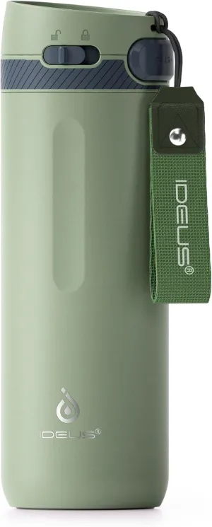 IDEUS Insulated Stainless Steel Water Bottle 17 oz Push Button Lid & Leakproof Travel Mug for Hot/Cold Beverages Fits Most Cup Holder, Green