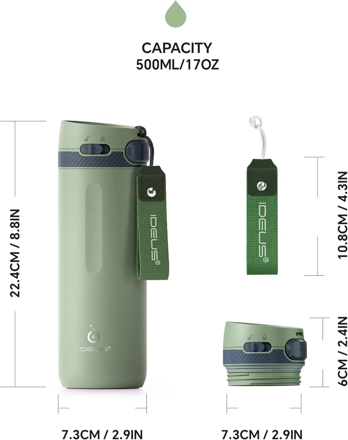 IDEUS Insulated Stainless Steel Water Bottle 17 oz Push Button Lid & Leakproof Travel Mug for Hot/Cold Beverages Fits Most Cup Holder, Green