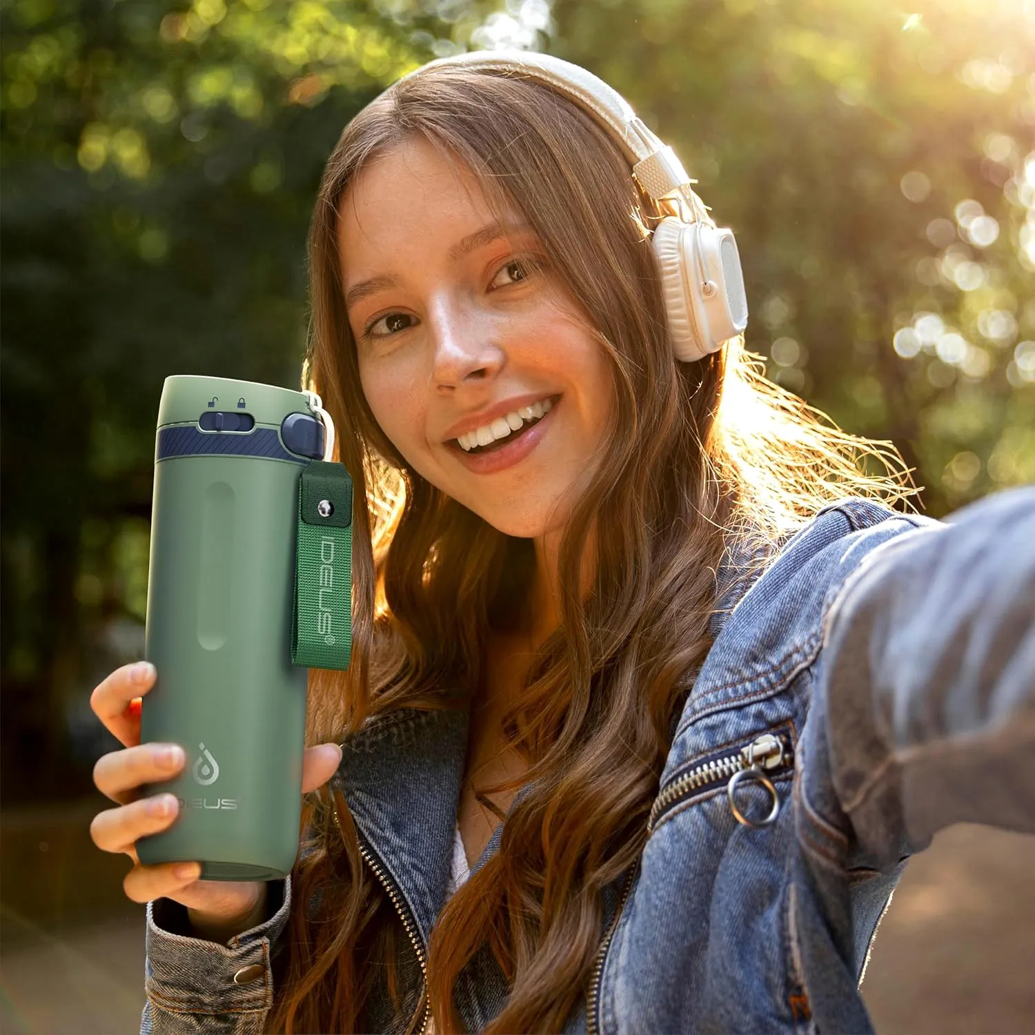 IDEUS Insulated Stainless Steel Water Bottle 17 oz Push Button Lid & Leakproof Travel Mug for Hot/Cold Beverages Fits Most Cup Holder, Green