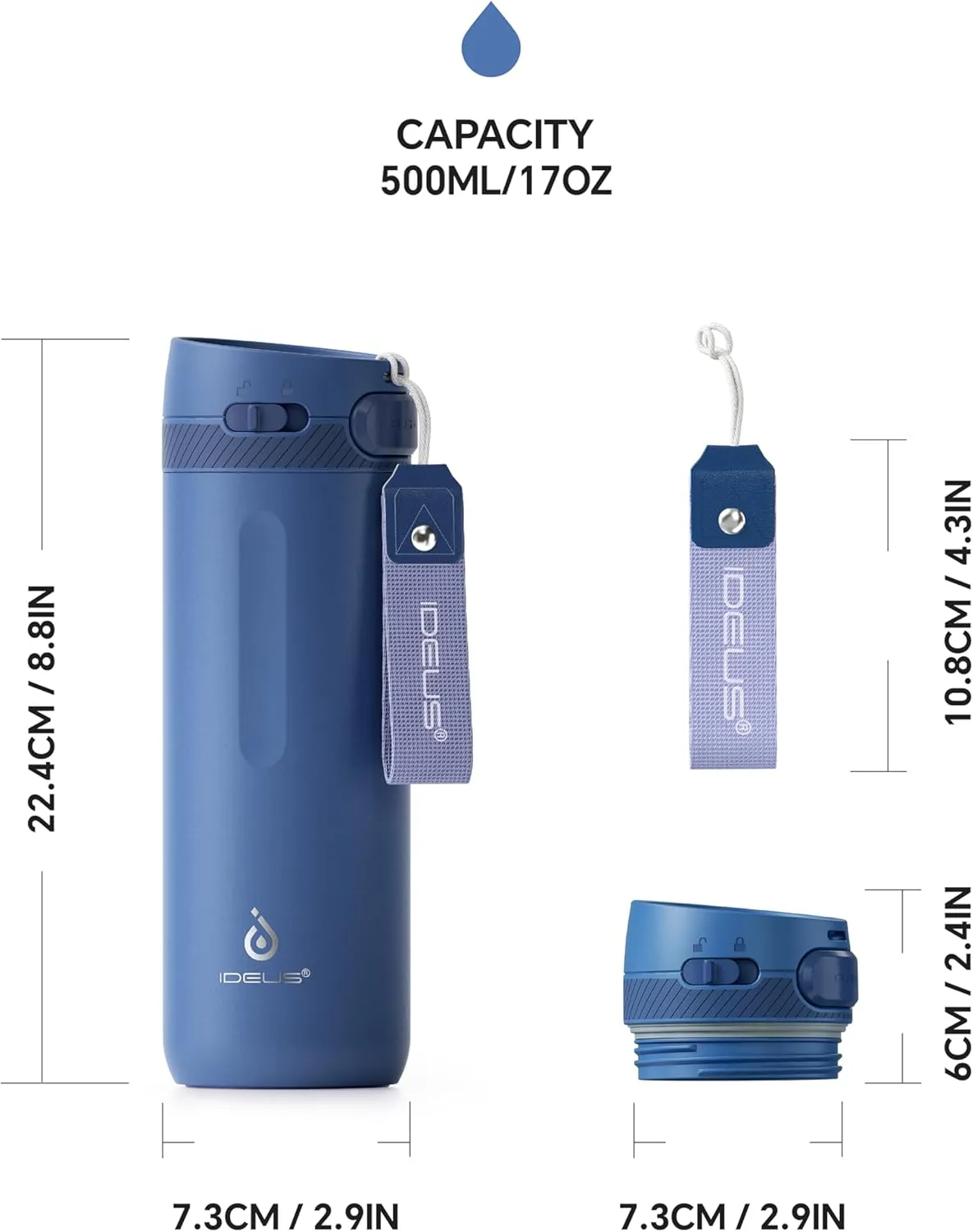 IDEUS Insulated Stainless Steel Water Bottle 17 oz Push Button Lid & Leakproof Travel Mug for Hot/Cold Beverages Fits Most Cup Holder (Grey Blue)