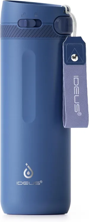 IDEUS Insulated Stainless Steel Water Bottle 17 oz Push Button Lid & Leakproof Travel Mug for Hot/Cold Beverages Fits Most Cup Holder (Grey Blue)