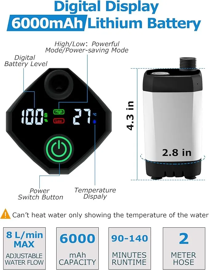 innhom 6000mAh Portable Shower Camping Shower Outdoor Camp Shower Pump, 2 Mode Electric Rechargeable Portable Camping Shower