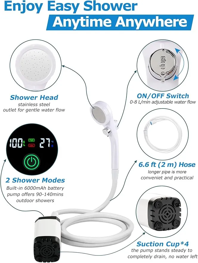 innhom 6000mAh Portable Shower Camping Shower Outdoor Camp Shower Pump, 2 Mode Electric Rechargeable Portable Camping Shower