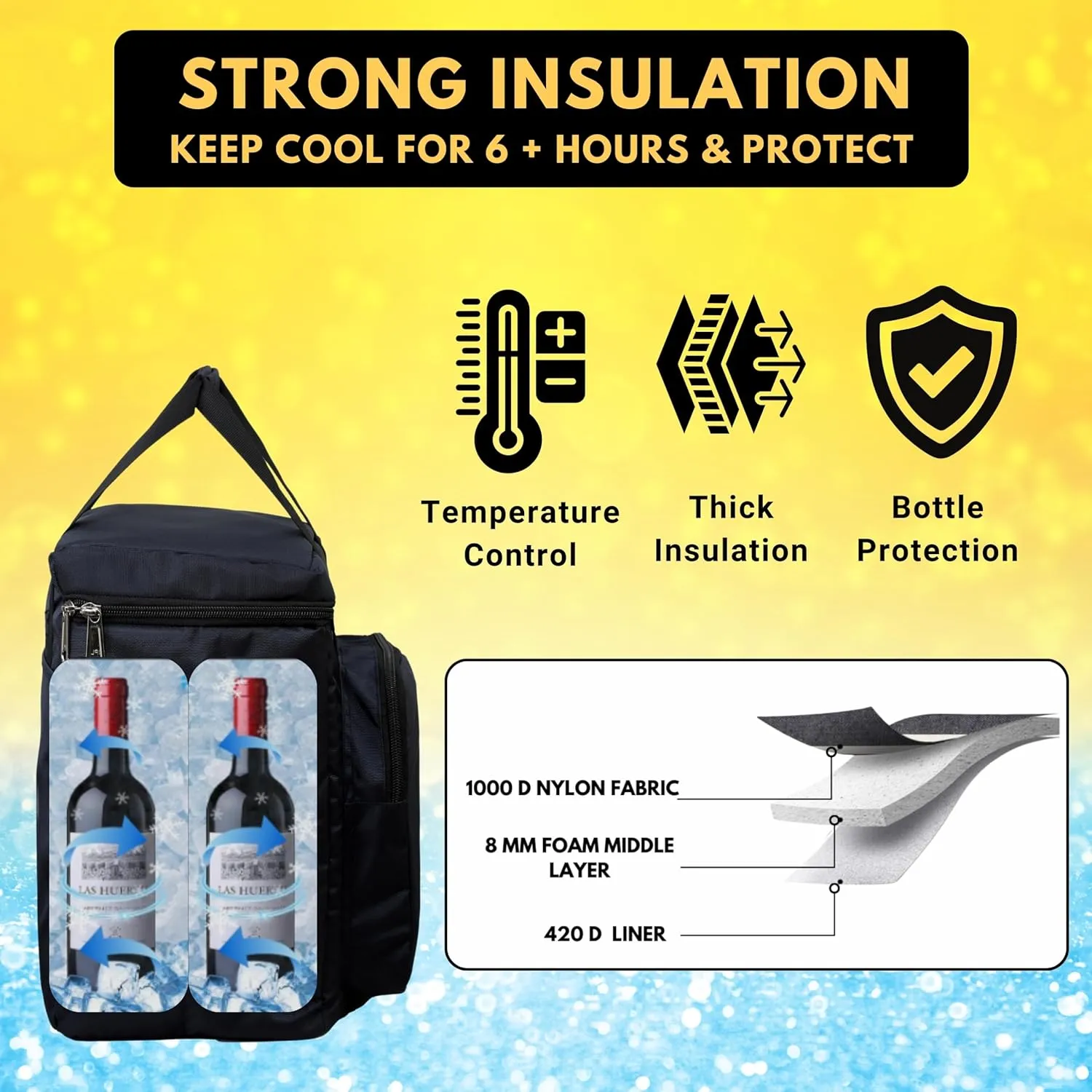 Insulated 6 Bottle Cooler Bag With Ice Gel Packs | Wine and Beer Carrier | Fits 6 Full Size Bottles