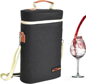 Insulated Leakproof Wine Cooler Bag, Portable Padded Wine Bottle Carrier for Picnic, BYOB, Restaurant, Beach - 2 Bottle, 14" x 9.2" x 4" (Black)