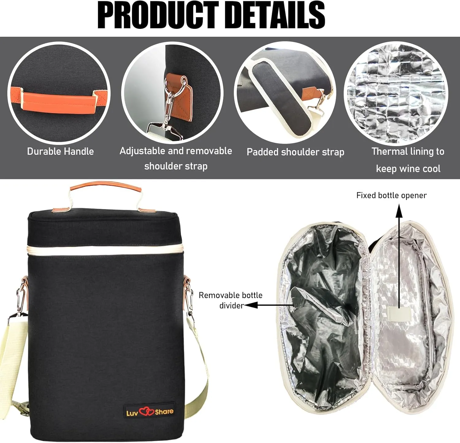 Insulated Leakproof Wine Cooler Bag, Portable Padded Wine Bottle Carrier for Picnic, BYOB, Restaurant, Beach - 2 Bottle, 14" x 9.2" x 4" (Black)