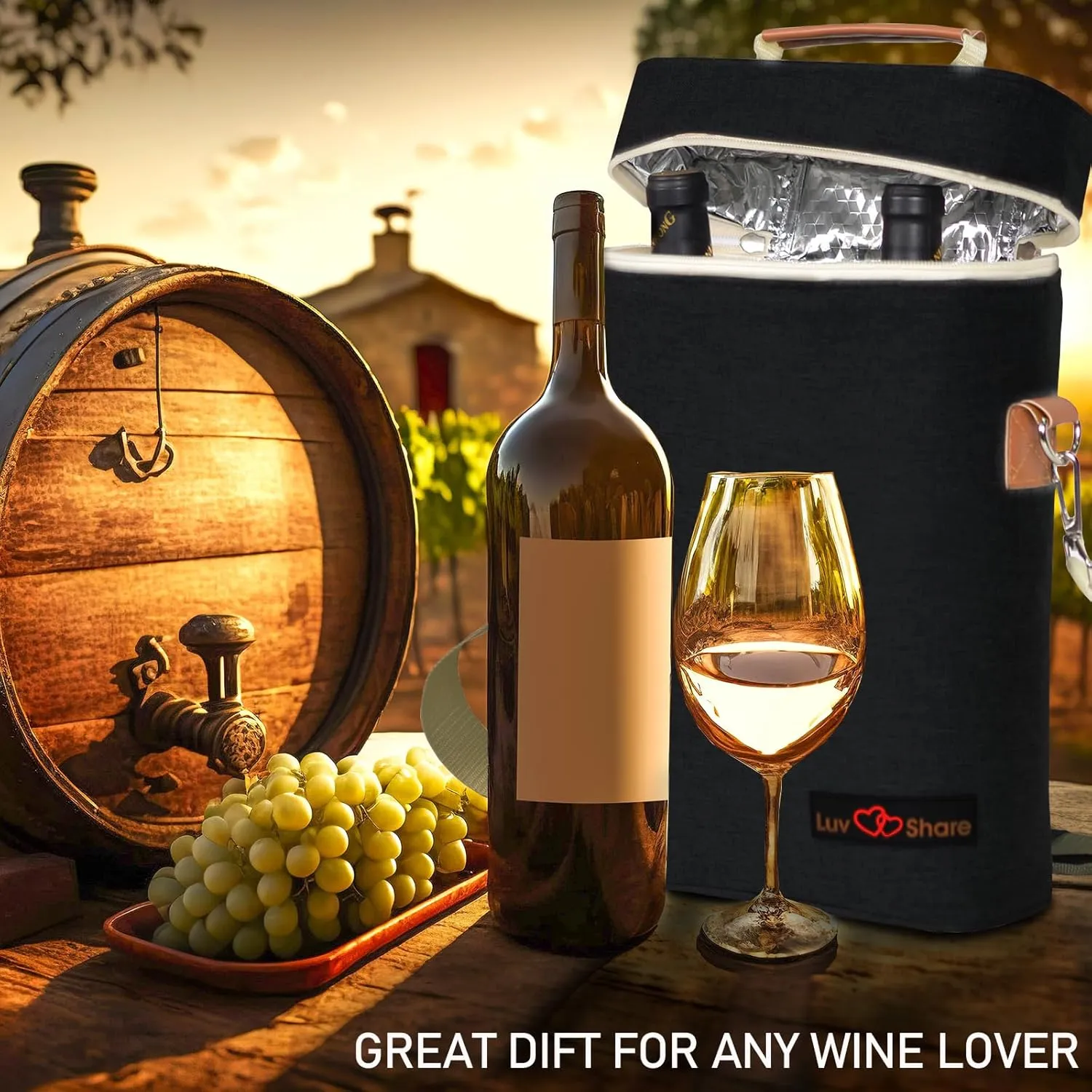 Insulated Leakproof Wine Cooler Bag, Portable Padded Wine Bottle Carrier for Picnic, BYOB, Restaurant, Beach - 2 Bottle, 14" x 9.2" x 4" (Black)