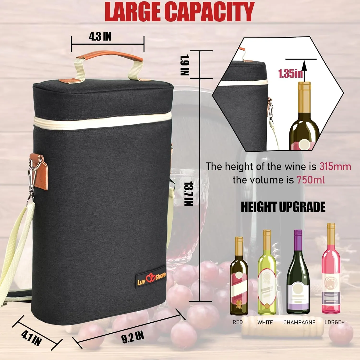Insulated Leakproof Wine Cooler Bag, Portable Padded Wine Bottle Carrier for Picnic, BYOB, Restaurant, Beach - 2 Bottle, 14" x 9.2" x 4" (Black)