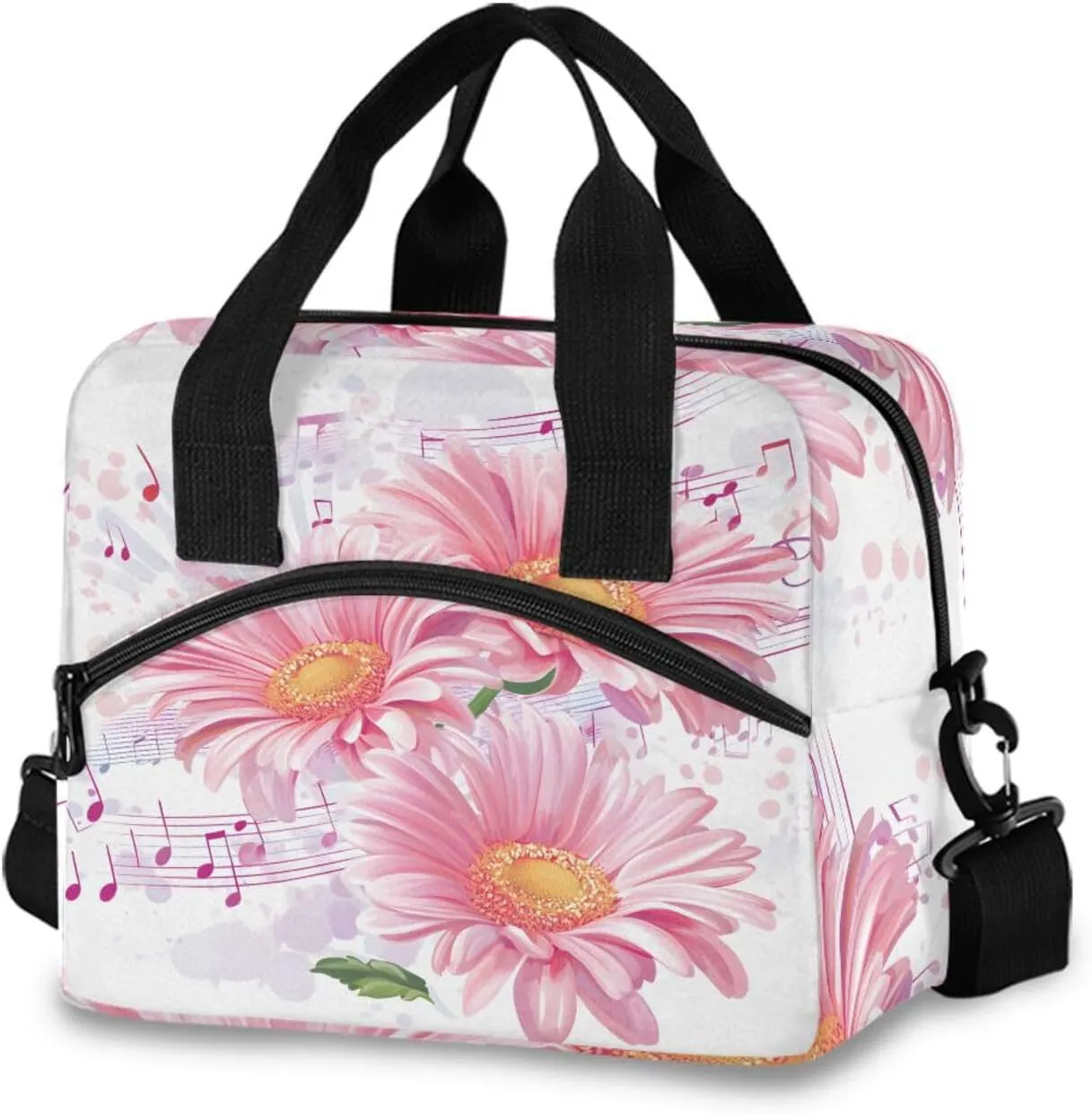 Insulated Lunch Bag for Women Men Pink Daisy Floral Musical Notes Cooler Picnic Bag Large Tote Lunchbox Bag with Shoulder Strap