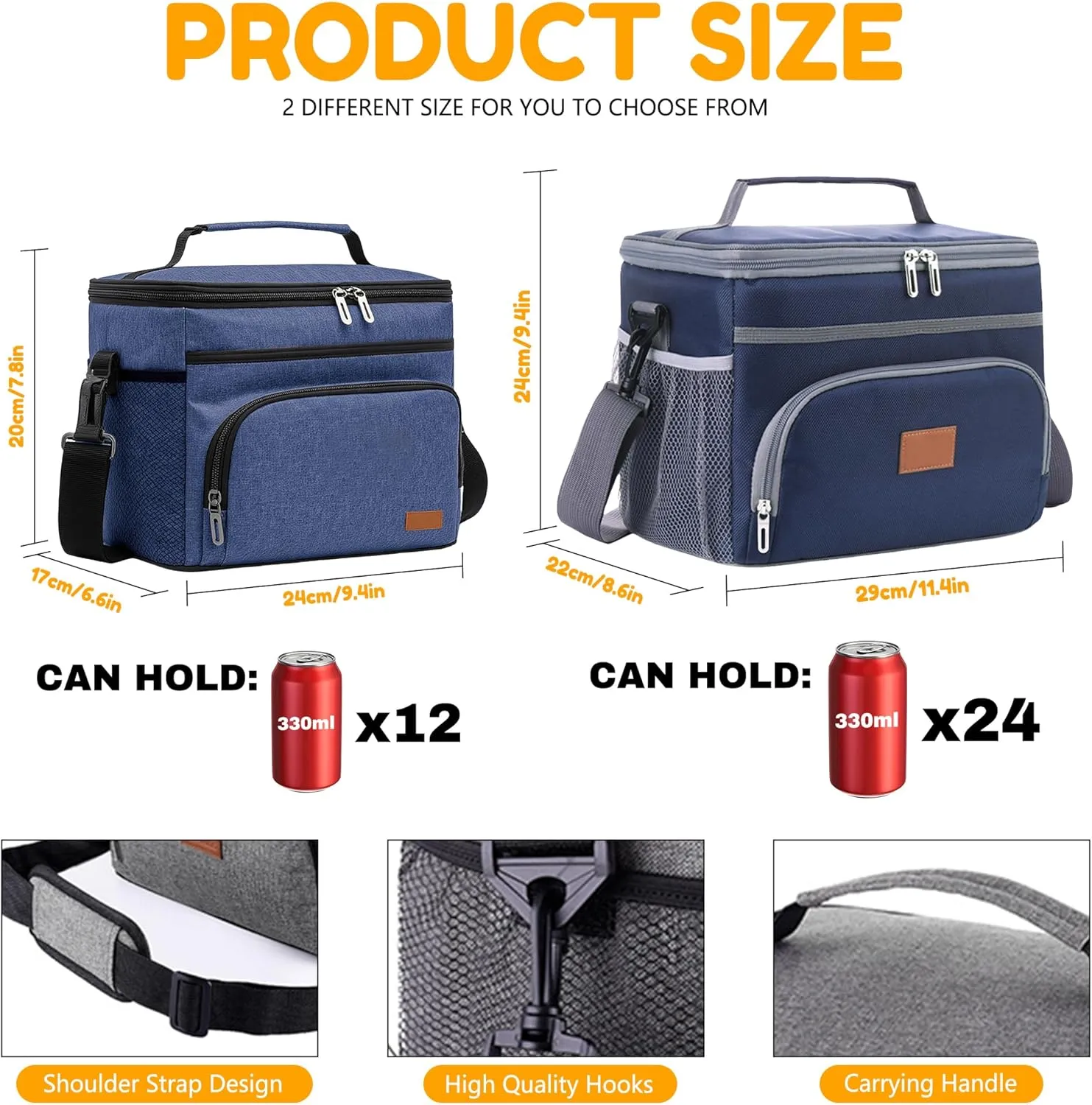 Insulated Lunch Bag for Women/Men, Leakproof Lunch Cooler Bag with Adjustable Shoulder Strap, 4 Pockets, Ideal for Work, Picnic, Travel, School - Medium, Navy Blue, 9.4"x 6.6"x 7.8", 8.2L