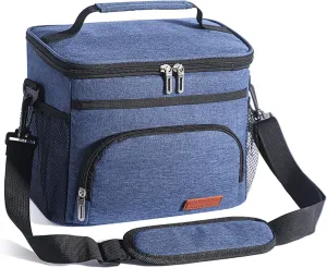 Insulated Lunch Bag for Women/Men, Leakproof Lunch Cooler Bag with Adjustable Shoulder Strap, 4 Pockets, Ideal for Work, Picnic, Travel, School - Medium, Navy Blue, 9.4"x 6.6"x 7.8", 8.2L