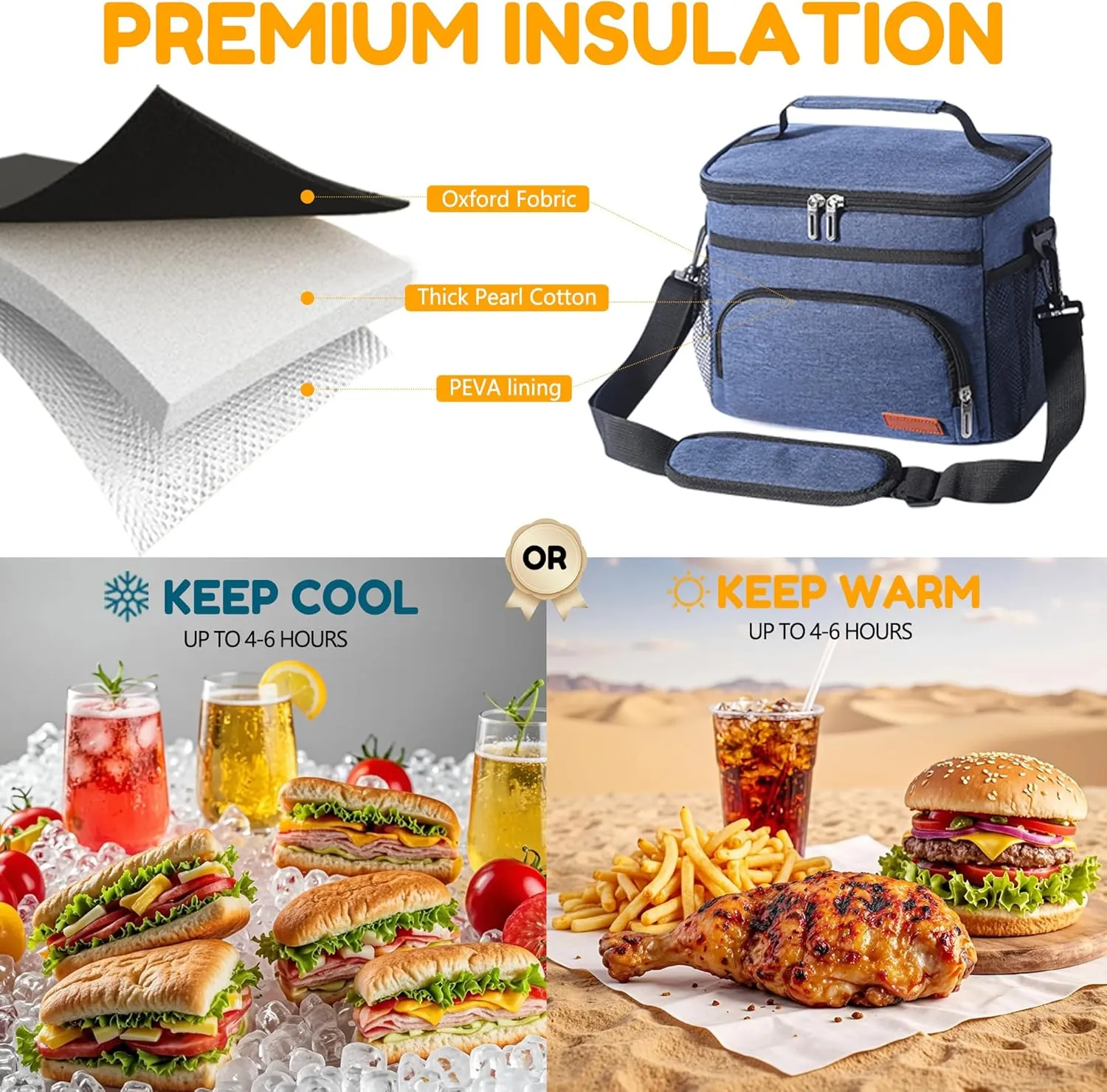 Insulated Lunch Bag for Women/Men, Leakproof Lunch Cooler Bag with Adjustable Shoulder Strap, 4 Pockets, Ideal for Work, Picnic, Travel, School - Medium, Navy Blue, 9.4"x 6.6"x 7.8", 8.2L