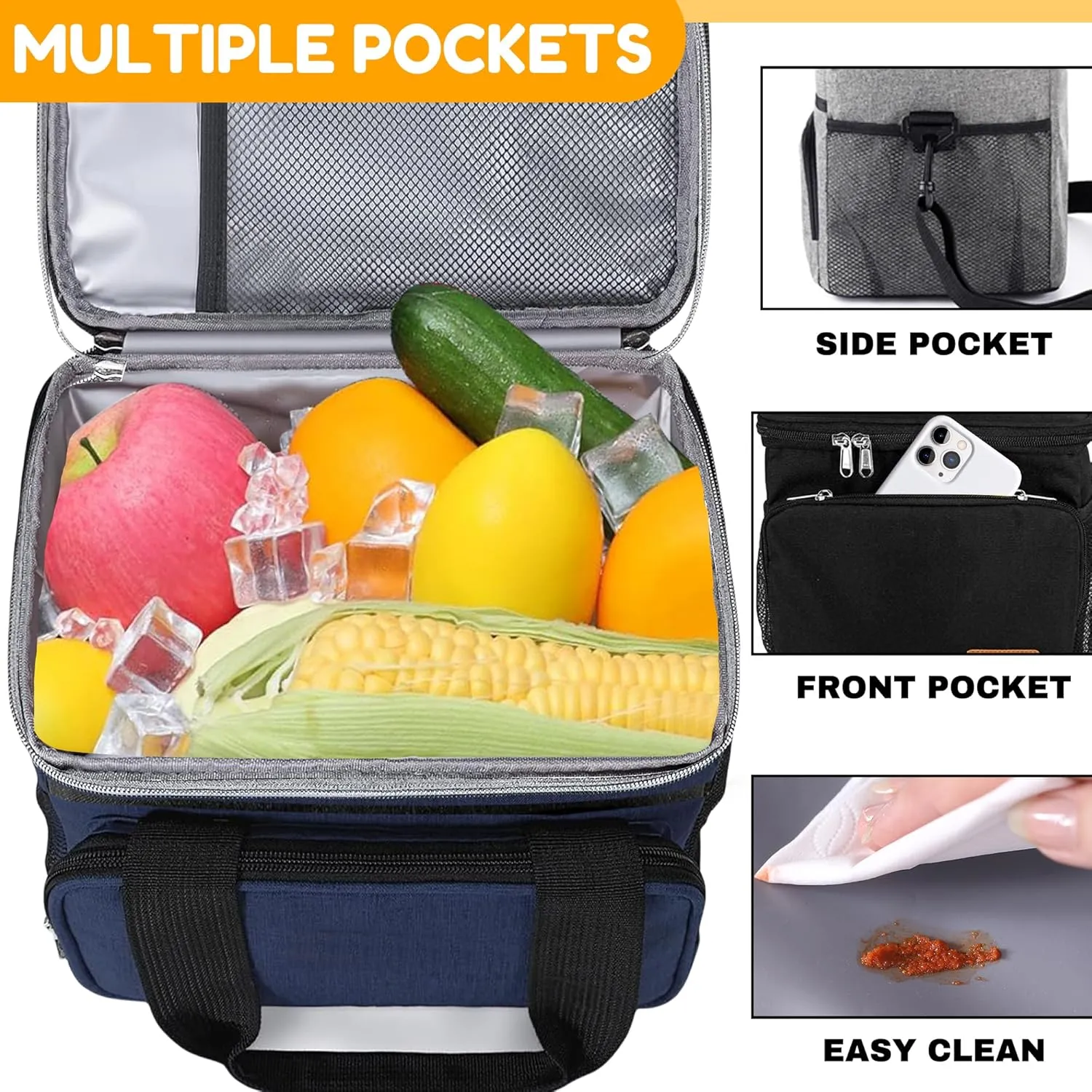 Insulated Lunch Bag for Women/Men, Leakproof Lunch Cooler Bag with Adjustable Shoulder Strap, 4 Pockets, Ideal for Work, Picnic, Travel, School - Medium, Navy Blue, 9.4"x 6.6"x 7.8", 8.2L