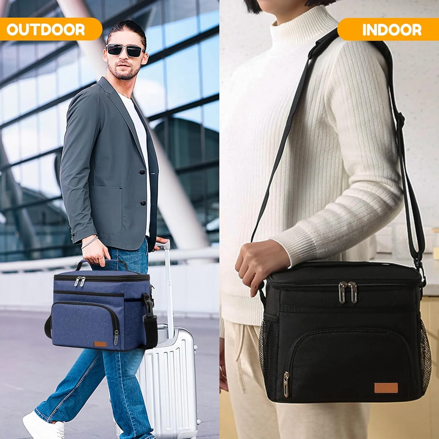 Insulated Lunch Bag for Women/Men, Leakproof Lunch Cooler Bag with Adjustable Shoulder Strap, 4 Pockets, Ideal for Work, Picnic, Travel, School - Medium, Navy Blue, 9.4"x 6.6"x 7.8", 8.2L