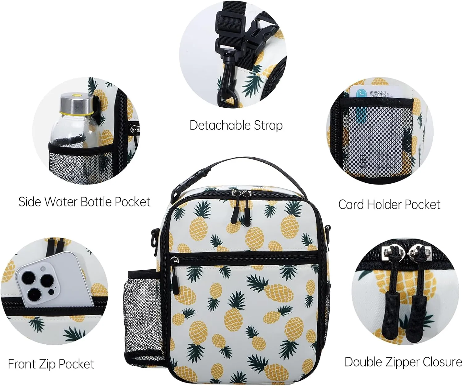 Insulated Lunch Bag with Cross Body Strap Pineapple Print Compact Cooler Bag Water-Resistant Thermal Crossbody Tote