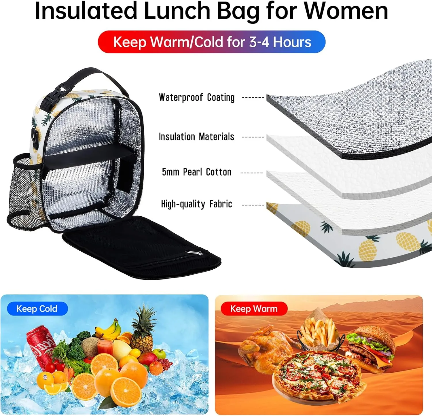 Insulated Lunch Bag with Cross Body Strap Pineapple Print Compact Cooler Bag Water-Resistant Thermal Crossbody Tote