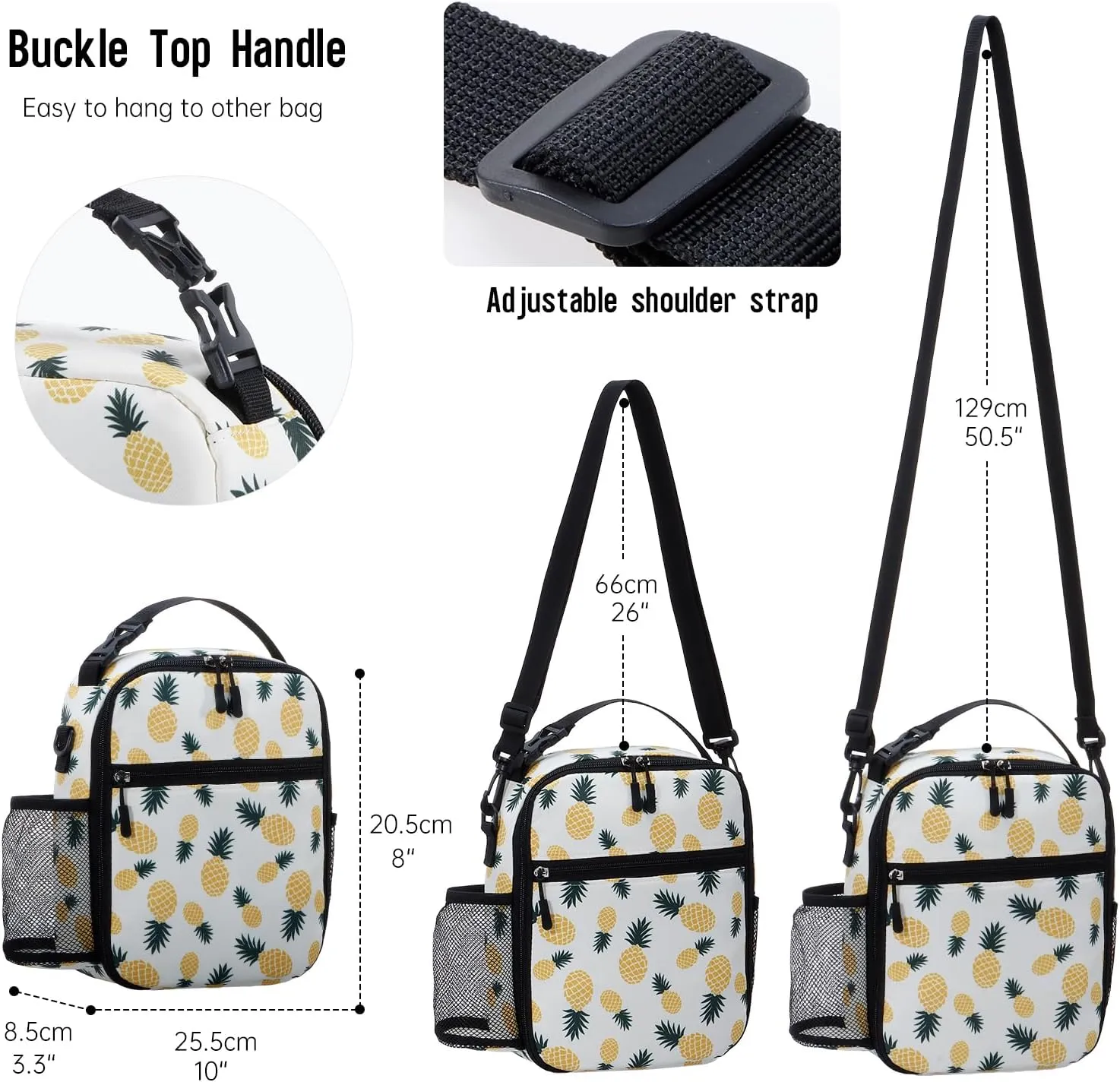 Insulated Lunch Bag with Cross Body Strap Pineapple Print Compact Cooler Bag Water-Resistant Thermal Crossbody Tote