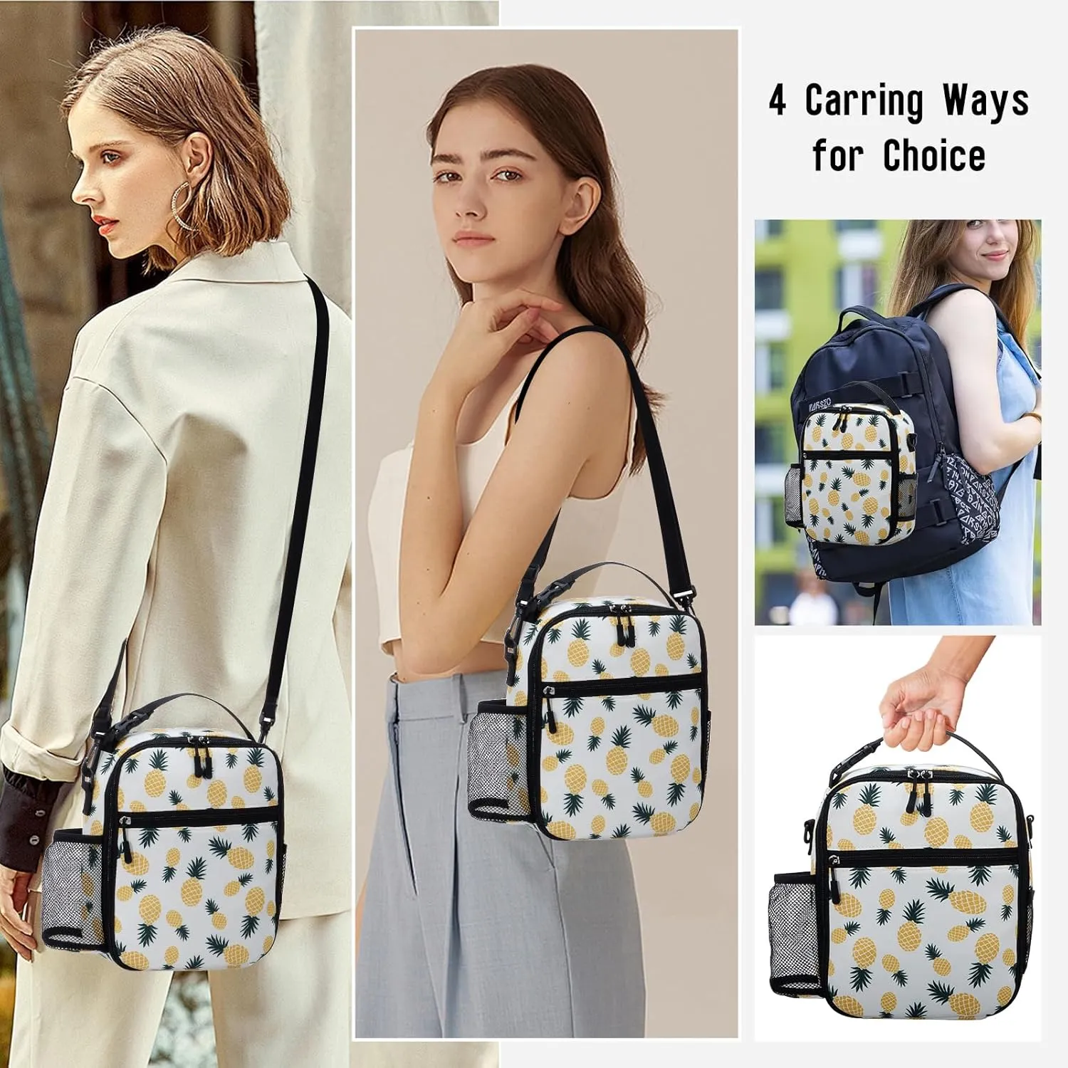 Insulated Lunch Bag with Cross Body Strap Pineapple Print Compact Cooler Bag Water-Resistant Thermal Crossbody Tote