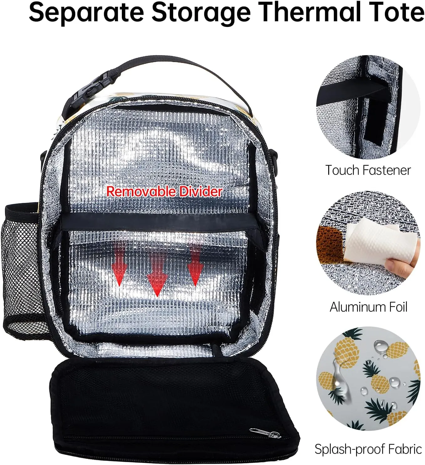 Insulated Lunch Bag with Cross Body Strap Pineapple Print Compact Cooler Bag Water-Resistant Thermal Crossbody Tote