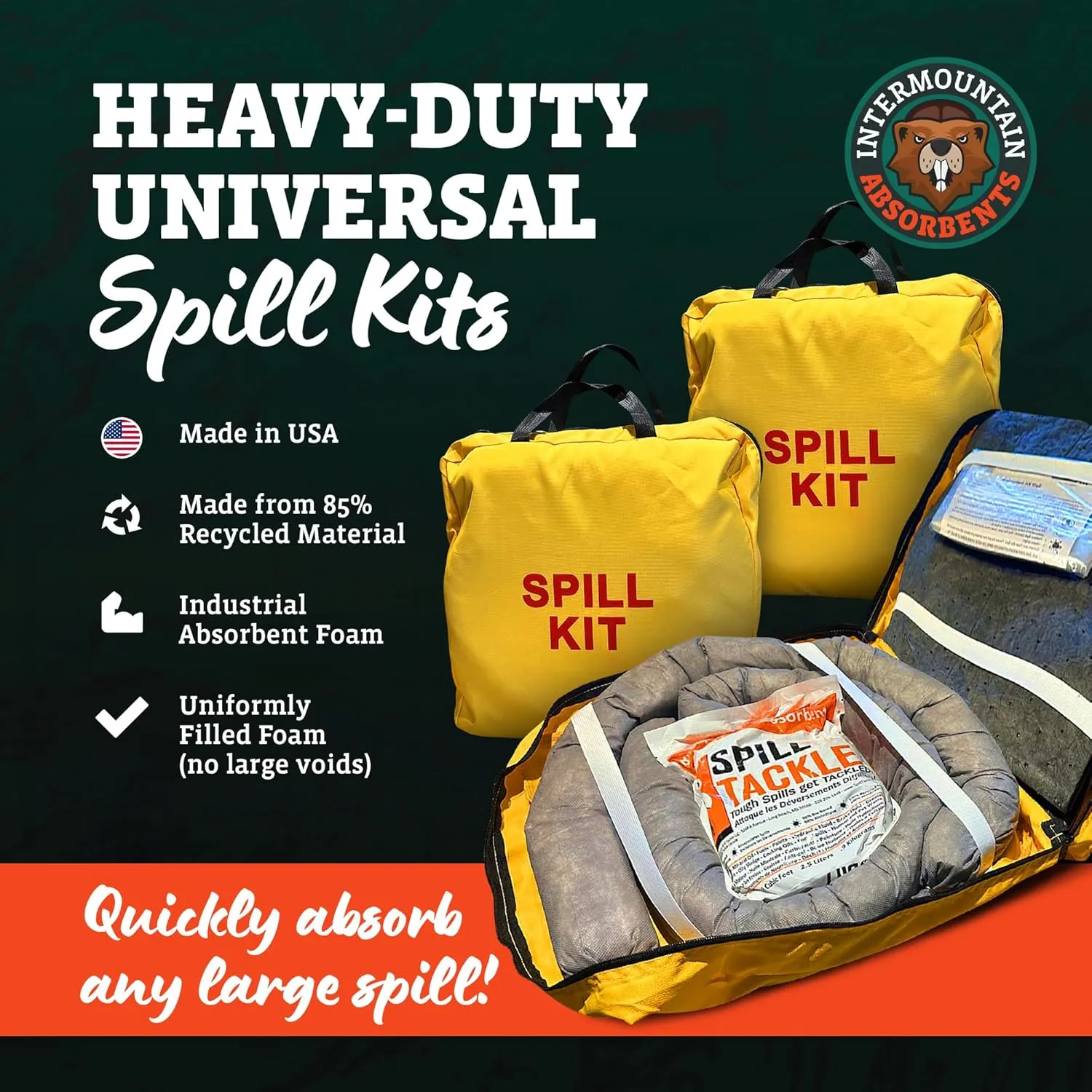 Intermountain Absorbents Universal Spill Kits - Spill Kits for Water & Oil Spill with Yellow Spill Kit Bag, 4 Universal Absorbent Socks, 10 Universal Spill Absorbent Pads, 2 lb Spill Tackle, 1 Pack