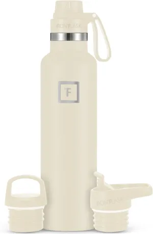 IRON °FLASK Camping & Hiking Hydration Canteens - 3 Lids (Narrow Spout Lid) Leak Proof Vacuum Insulated Stainless Steel - Hot & Cold Double Walled Sports Water Bottle - Cashmere Cream, 24 Oz