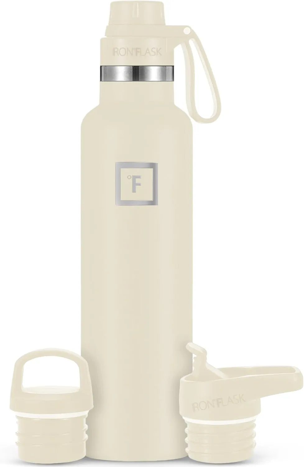 IRON °FLASK Camping & Hiking Hydration Canteens - 3 Lids (Narrow Spout Lid) Leak Proof Vacuum Insulated Stainless Steel - Hot & Cold Double Walled Sports Water Bottle - Cashmere Cream, 24 Oz