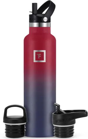 IRON °FLASK Camping & Hiking Hydration Canteens - 3 Lids (Narrow Straw Lid) Leak Proof Vacuum Insulated Stainless Steel - Hot & Cold Double Walled Sports Water Bottle - Dark Rainbow, 24Oz