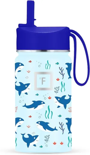 IRON °FLASK Kids Water Bottle - Straw Lid, 20 Name Stickers, Vacuum Insulated Stainless Steel, Double Walled Tumbler Travel Cup, Thermos Mug - Iron Shark, 14 Oz