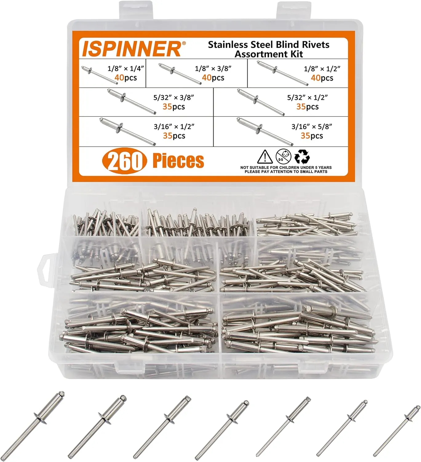 ISPINNER 260pcs Stainless Steel Blind Rivets, 7 Sizes Pop Rivets Assortment Kit