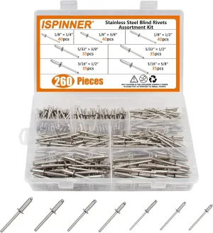 ISPINNER 260pcs Stainless Steel Blind Rivets, 7 Sizes Pop Rivets Assortment Kit