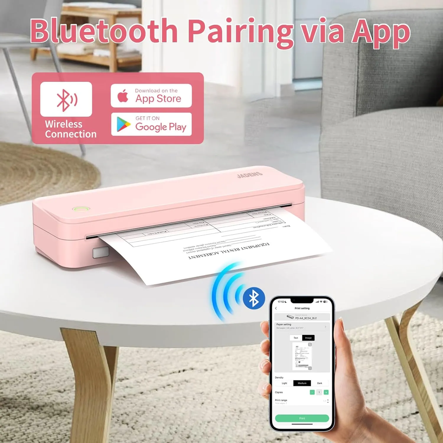 JADENS Portable Printers Wireless fot Travel, 300DPI Support 8.5''×11'' Thermal Paper, Inkless Printer for Laptop, Compatible with iOS, Android