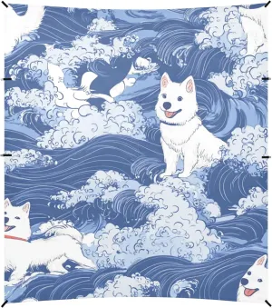 Japanese Style Blue Dog Waves Foldable Beach Canopy UPF50  Protection Easy Setup Large Sun Shade with Sandbags, Sand Shovel, Poles for Camping, Picnics, Backyard & Fishing