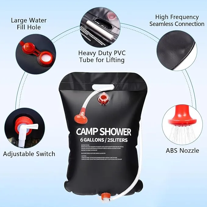JIURUN 2 Pack Solar Shower Bag 6 Gallons/25L Portable Camping Shower Bag with Removable Hose and On-Off Switchable Shower Head,Camping Accessories for Camping Beach Swimming Outdoor Traveling Hiking
