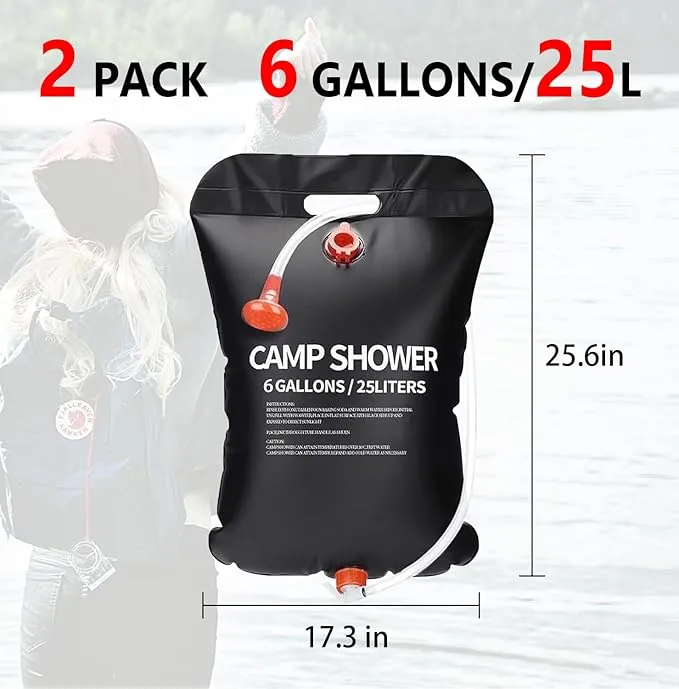 JIURUN 2 Pack Solar Shower Bag 6 Gallons/25L Portable Camping Shower Bag with Removable Hose and On-Off Switchable Shower Head,Camping Accessories for Camping Beach Swimming Outdoor Traveling Hiking