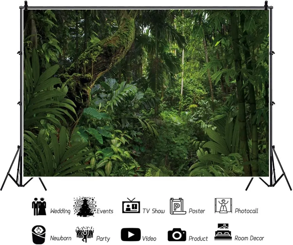 Jungle Forest Trees Backdrop Summer Adventure Party Enchanted Background Rainforest Tropical Natural Scenery Backdrop Natural Safari Party Banner Background Studio Props 10x8ft(300x240cm)