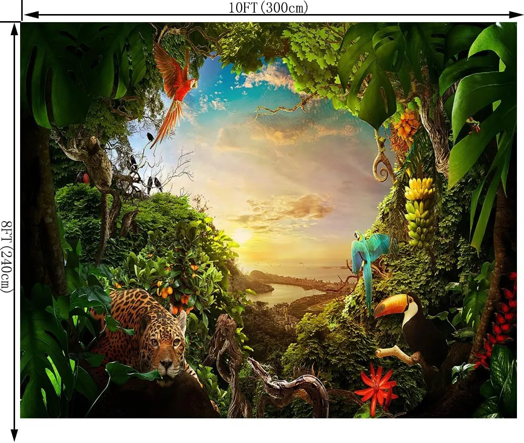 Jungle Safari Backdrop Animation Forest Kids Green Photography Background Rainforest Animal Decoration Celebration Party Photo Shoot Baby Shower Booth Studio Props 10X8FT