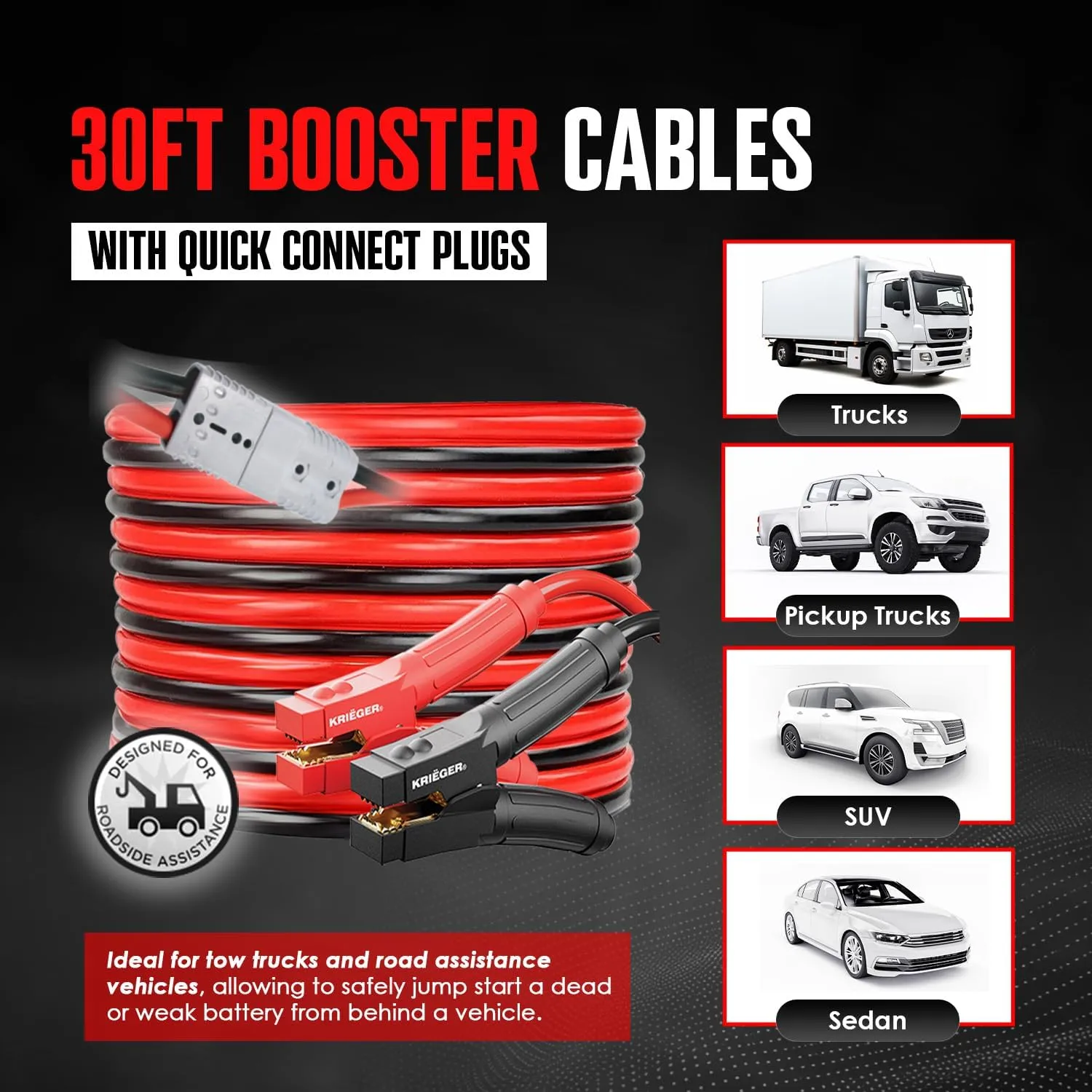 K KRIËGER Jumper Cables 100% Pure Copper, 30 Feet, 2 Gauge, 1000 Amp Custom-Made Alligator Clamps, Booster Battery Cables w/Permanent Installation Kit & Quick Connect Plugs - Carrying Bag Included