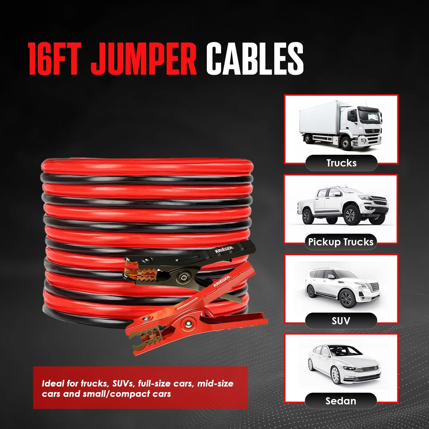K KRIËGER Jumper Cables for Car Battery, Heavy Duty Automotive Booster Cables for Jump Starting Dead or Weak Batteries with Carrying Bag Included (16-Feet (4-Gauge)