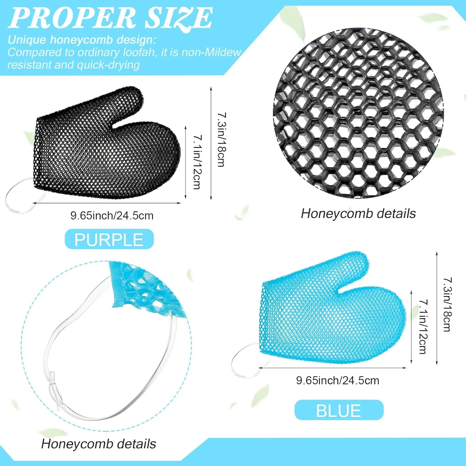 Karenhi 2 Pcs Honeycomb Exfoliating Glove Bath Mitt Body Spa Scrubber, Honeycomb Exfoliator Glove for Body Shower, Scrubber Sponge Shower Loofah, Quick Drying(Blue,Black)