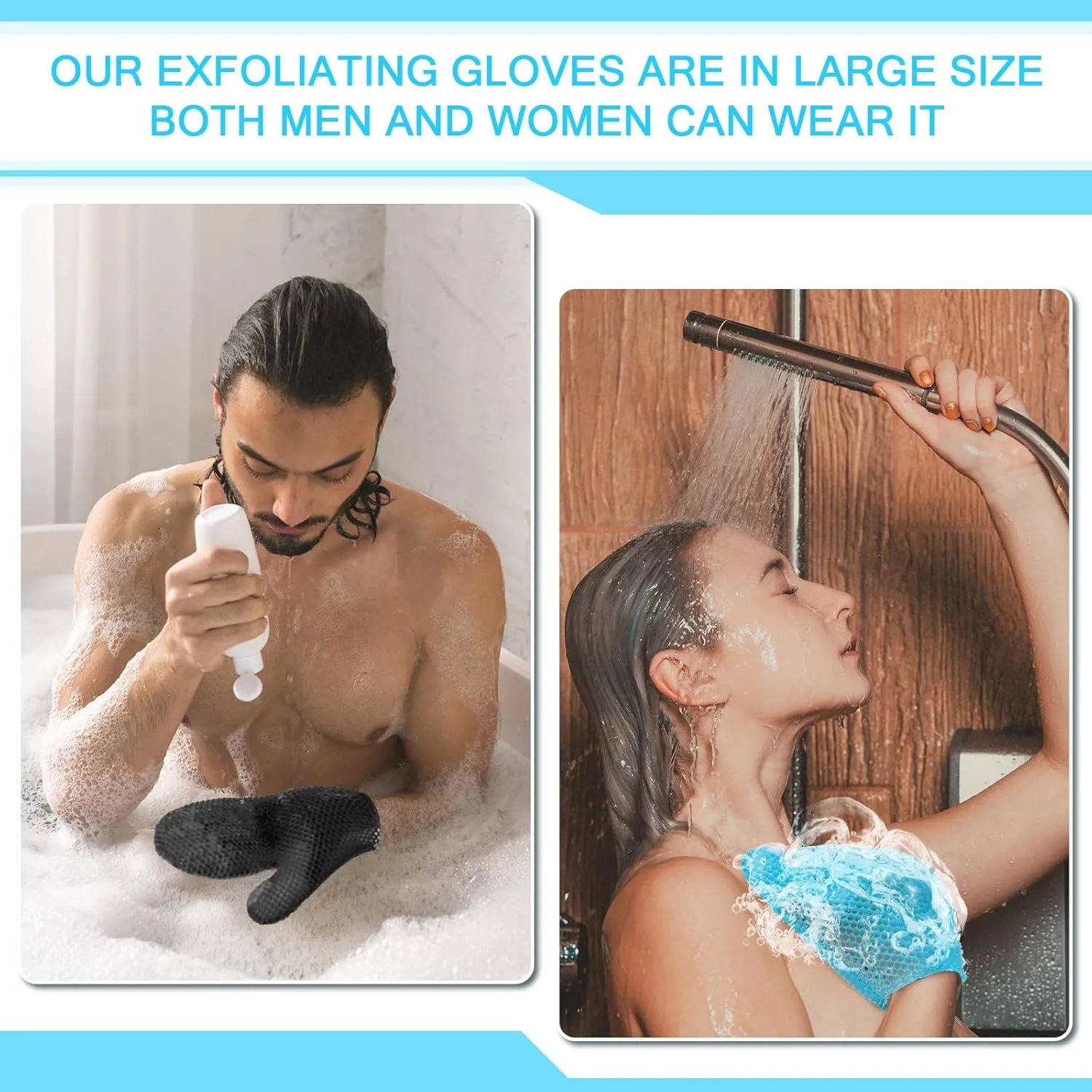 Karenhi 2 Pcs Honeycomb Exfoliating Glove Bath Mitt Body Spa Scrubber, Honeycomb Exfoliator Glove for Body Shower, Scrubber Sponge Shower Loofah, Quick Drying(Blue,Black)