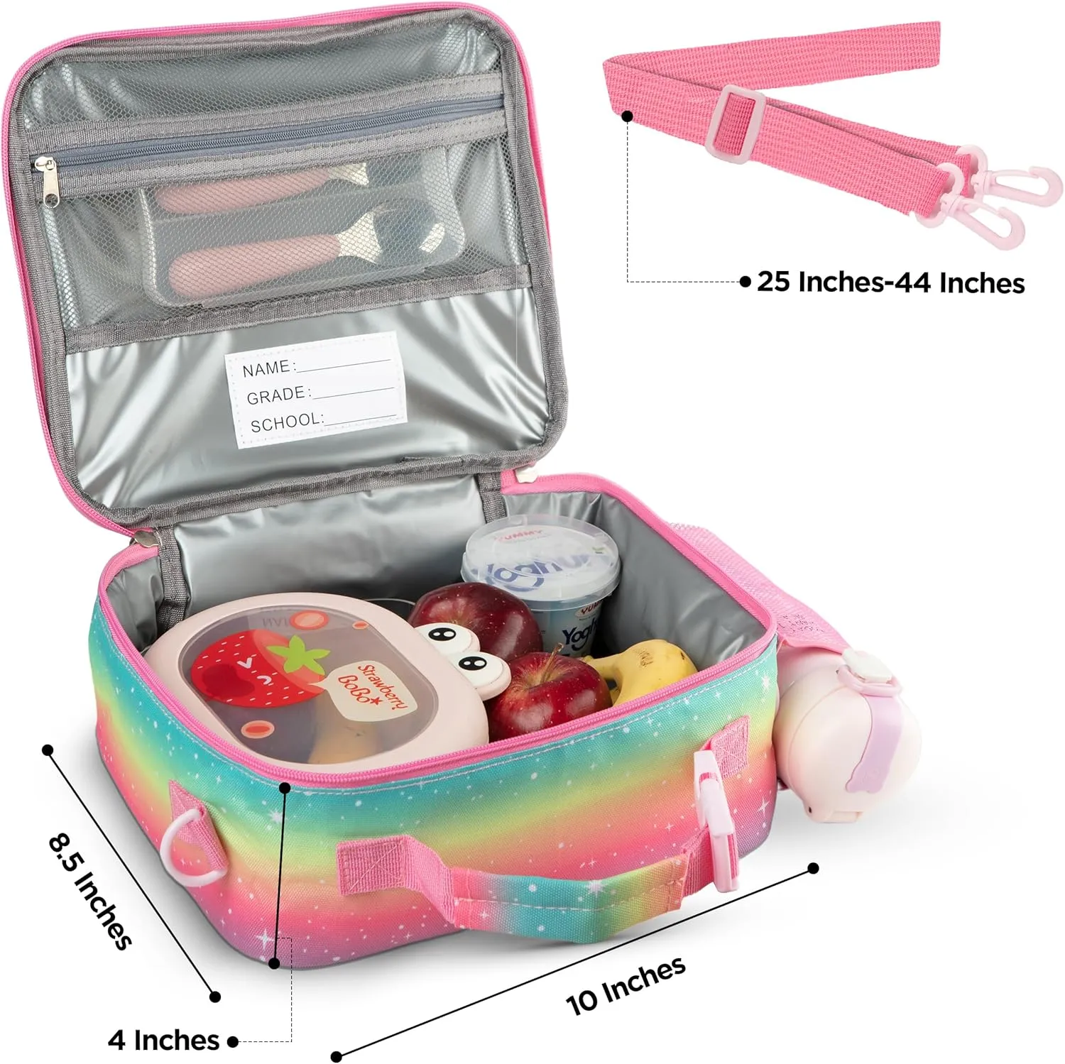 Kazulo Unicorn Rainbow Kids Insulated Lunch Box with Bottle Holder and Shoulder Strap, Unicorn Lunch Box for Girls