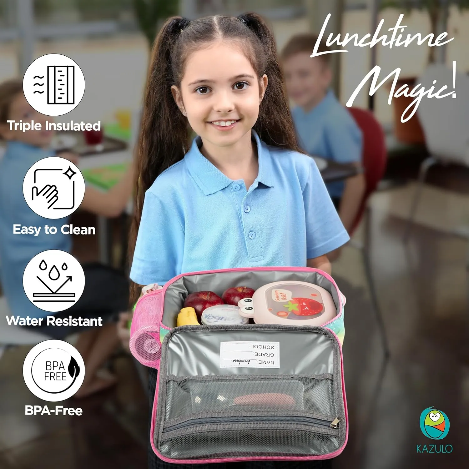 Kazulo Unicorn Rainbow Kids Insulated Lunch Box with Bottle Holder and Shoulder Strap, Unicorn Lunch Box for Girls