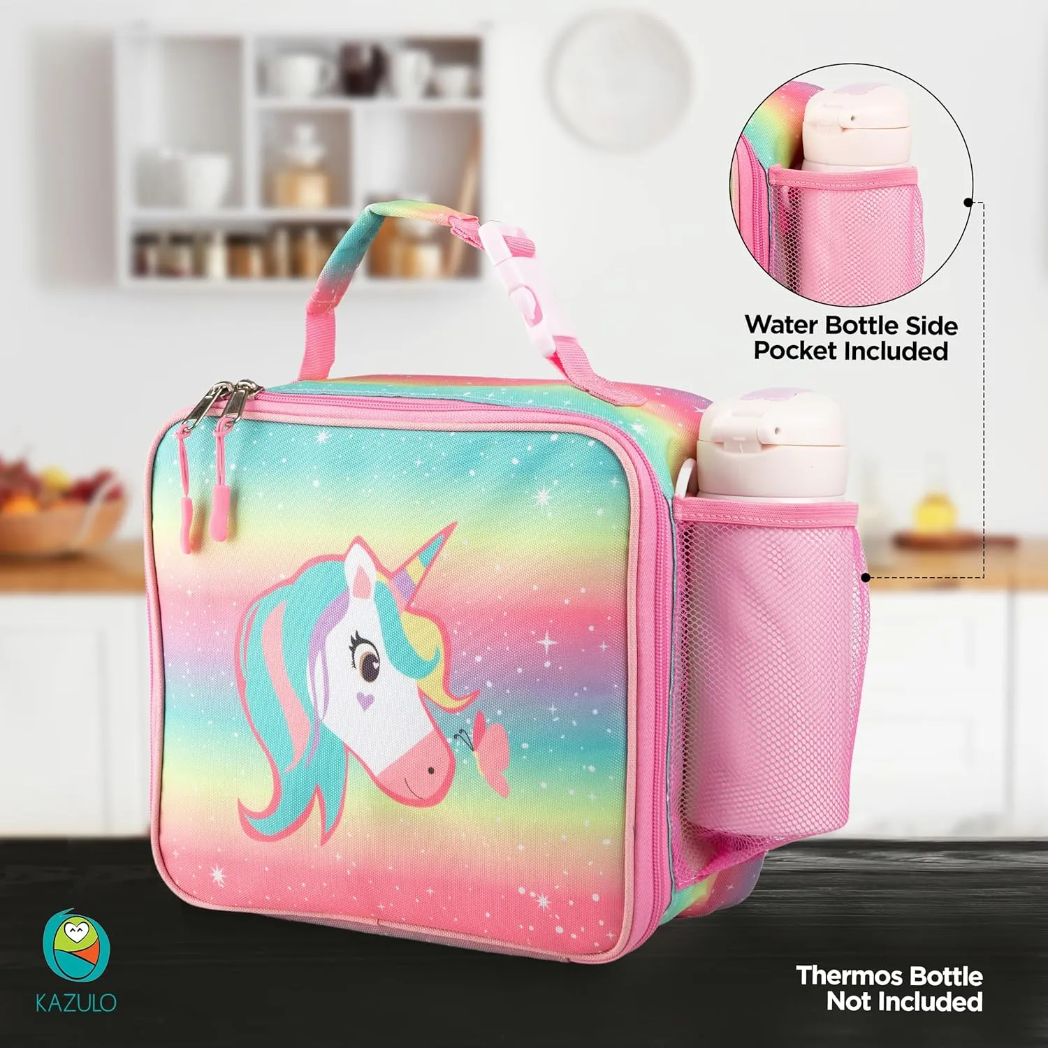 Kazulo Unicorn Rainbow Kids Insulated Lunch Box with Bottle Holder and Shoulder Strap, Unicorn Lunch Box for Girls