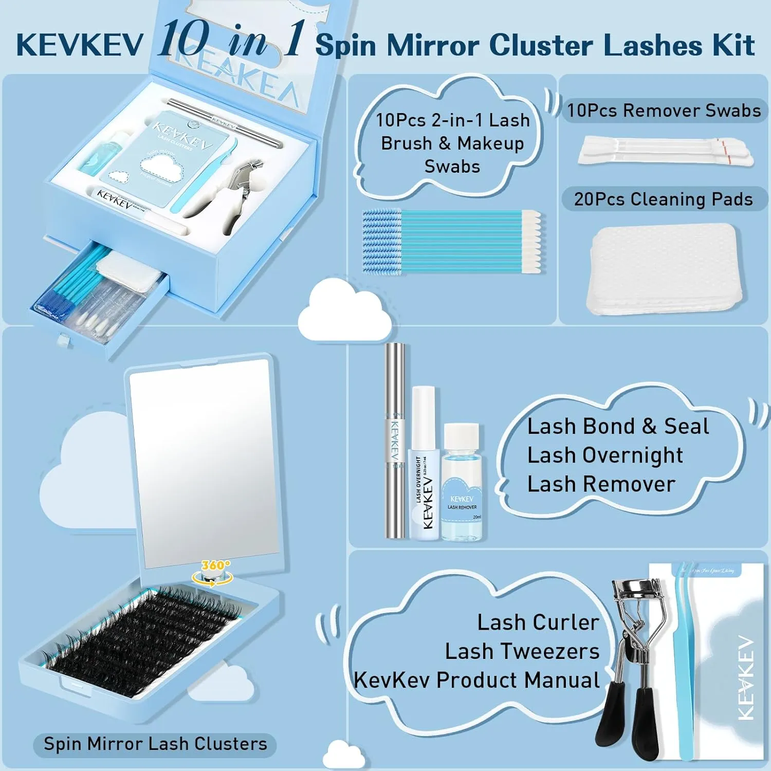 KevKev DIY Lash Extension Kit Lash Clusters 96 Pcs and Lash Glue for Cluster Lashes(Cirrus, D-10-16mix)