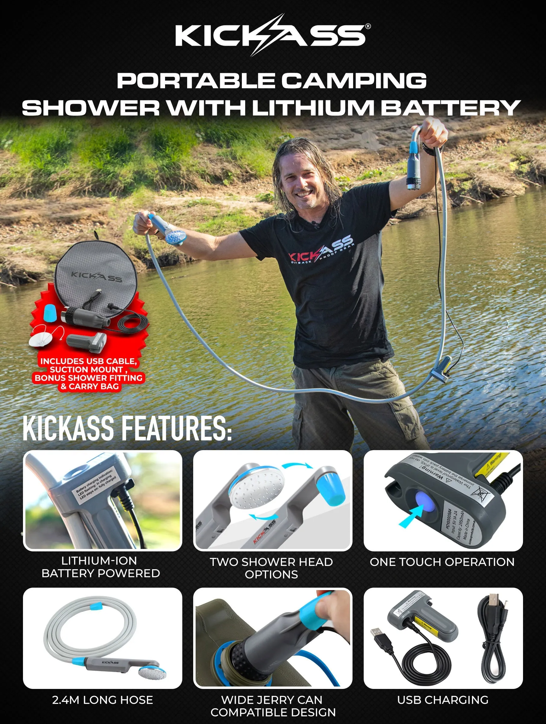 KickAss Portable Camping Shower with Lithium Battery
