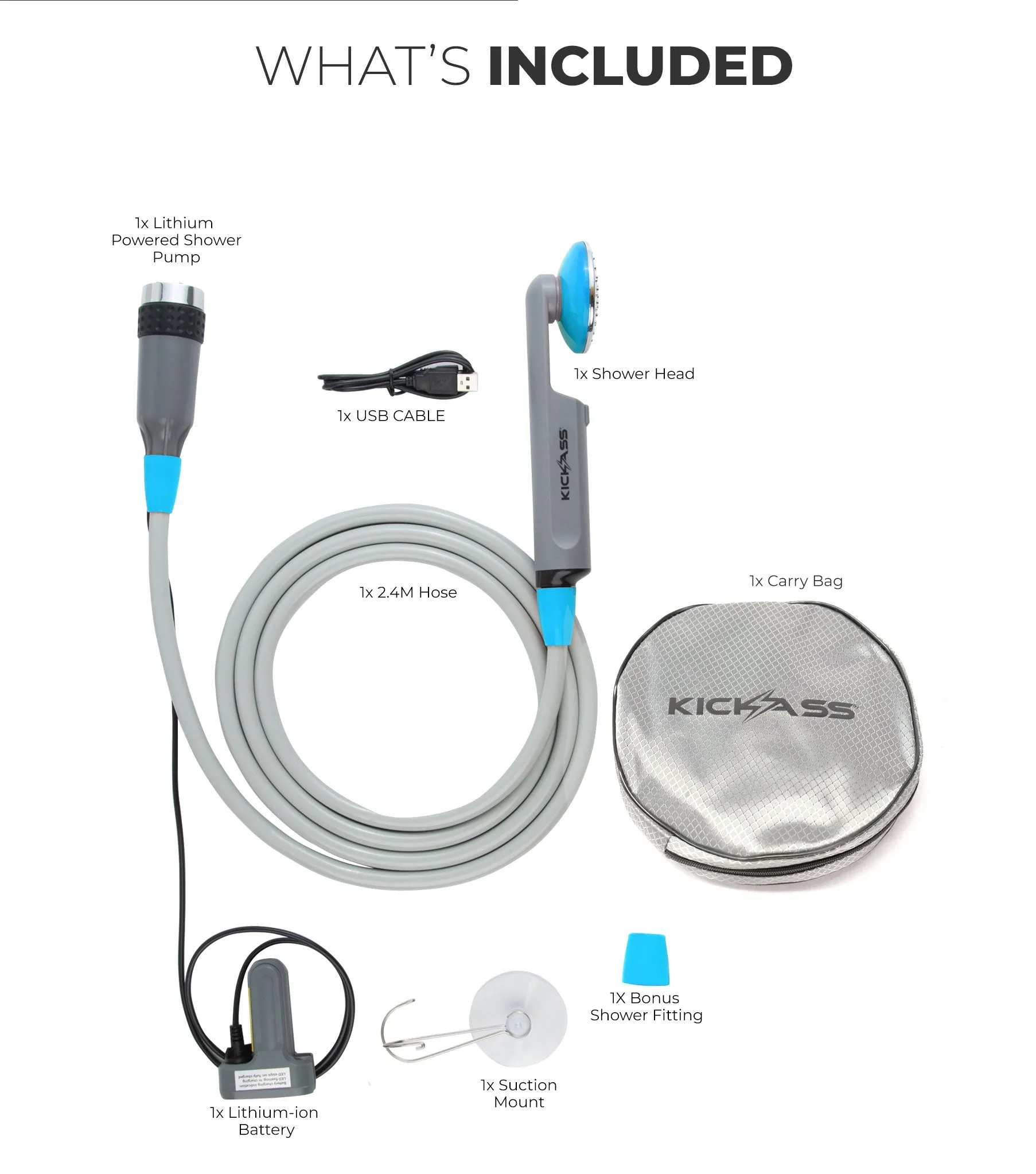 KickAss Portable Camping Shower with Lithium Battery
