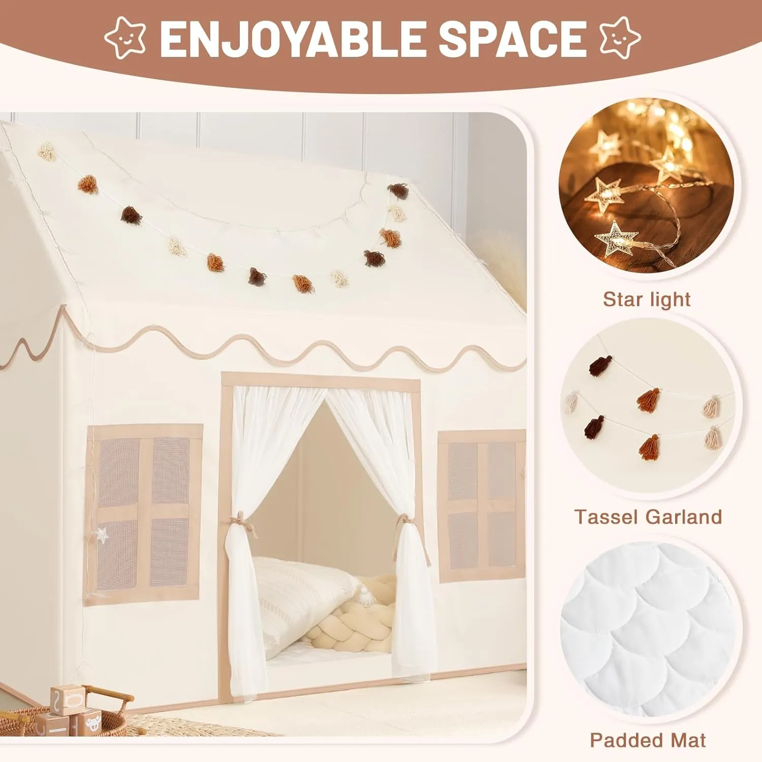 Kids Play Tent Indoor: with Mat, Tassel Garland, Star Lights - Toddler Girl Tent Indoor Playhouse for Toddlers Kids Toys for Boy Girl Birthday Gift