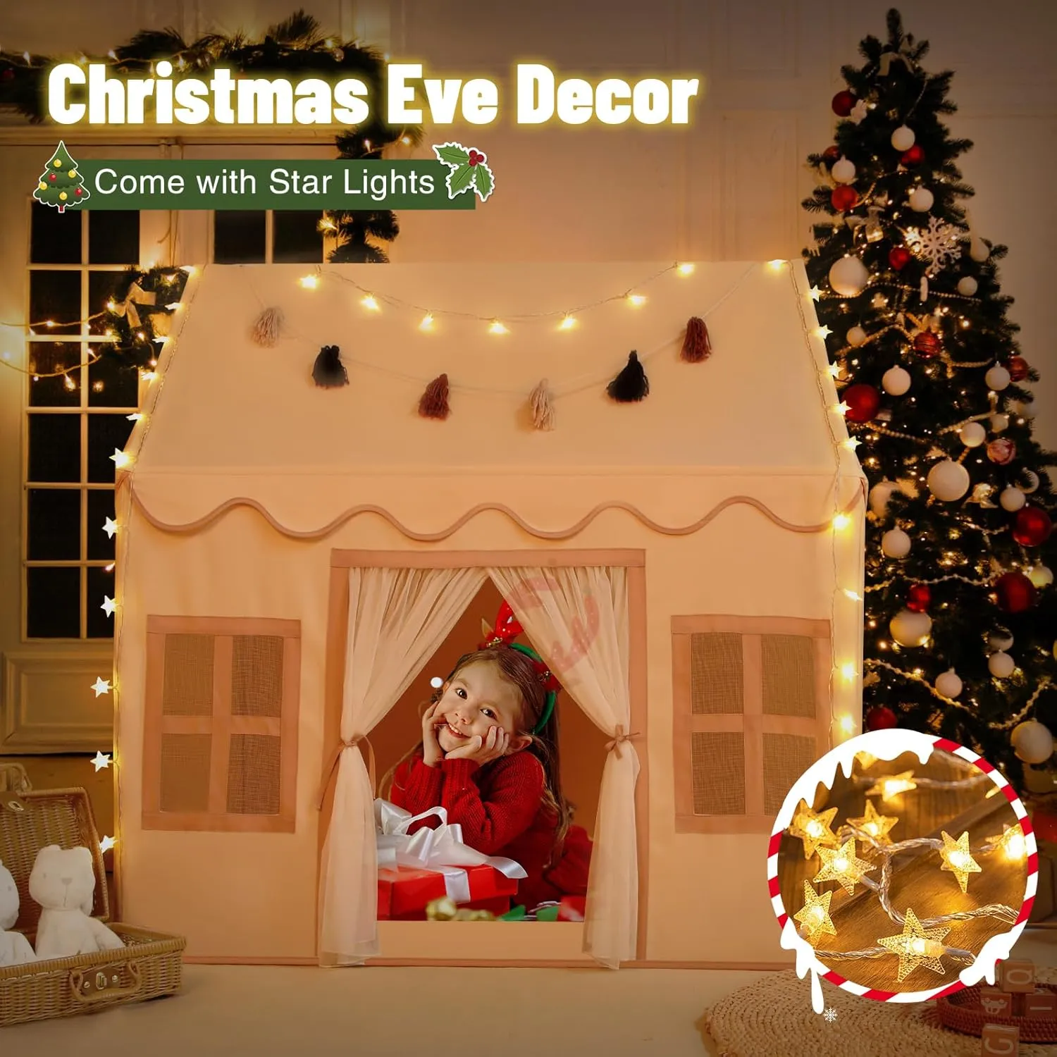 Kids Play Tent Indoor: with Mat, Tassel Garland, Star Lights - Toddler Girl Tent Indoor Playhouse for Toddlers Kids Toys for Boy Girl Birthday Gift